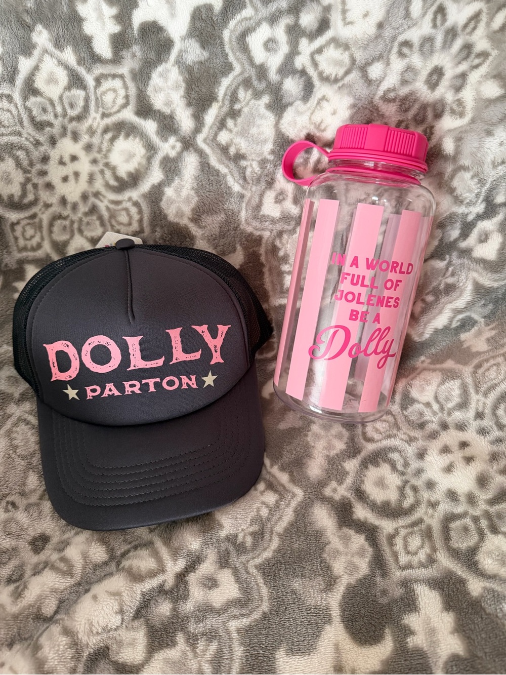 Dolly Parton Black and Pink Mesh Trucker Hat & Water Bottle